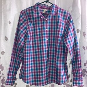 LL Bean, Button down, long sleeve shirt, plaid teal/purple/pink, large